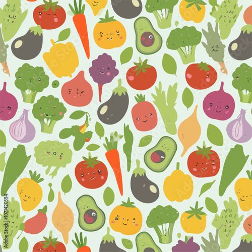 Seamless pattern with vegetables and fruits. Cute vegetable vector background.