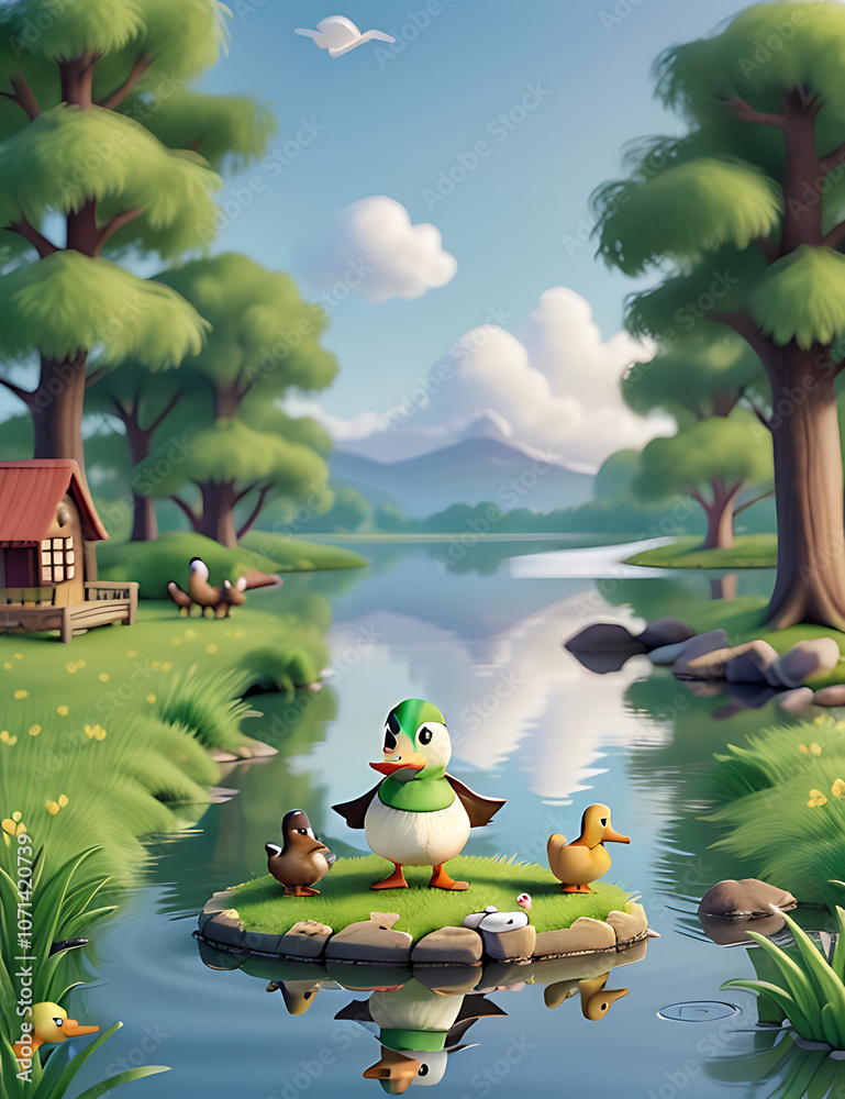 Fototapeta premium The Ugly Duckling – Illustration of a Small, Unremarkable Duckling Surrounded by Larger, Beautiful Swans on a Peaceful Lake