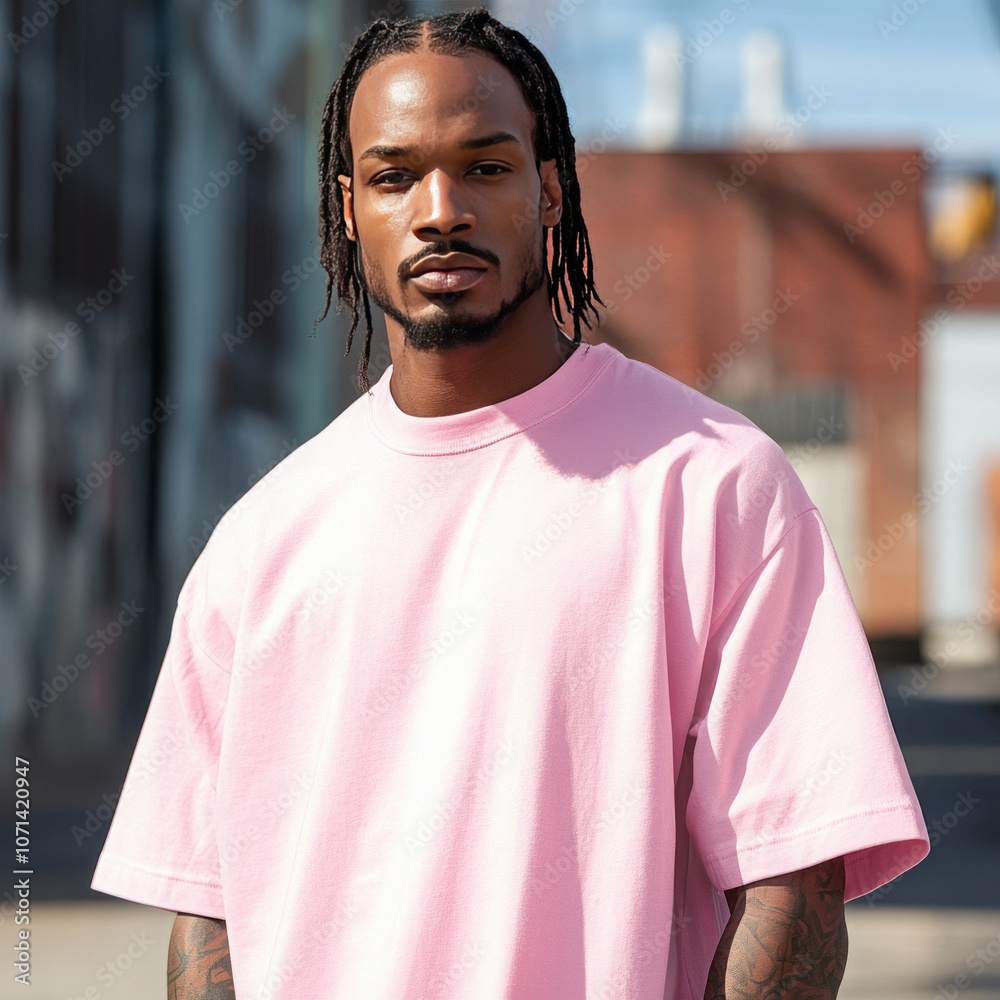 Fototapeta premium close up A man wearing an oversized pink t-shirt. He stands against an industrial background. Ai generated images