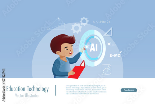 Boy touching AI network connecting, using artificial intelligence for online education and develop smart data analyzing.  AI in Education innovation technology. 3D Vector.