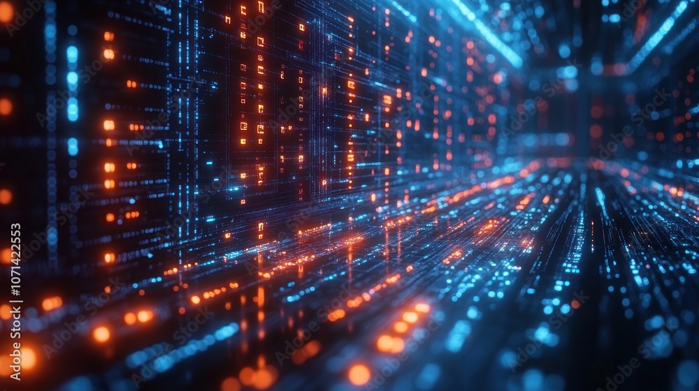Abstract digital landscape with glowing data streams and patterns. Abstract digital landscape with glowing data streams and patterns.