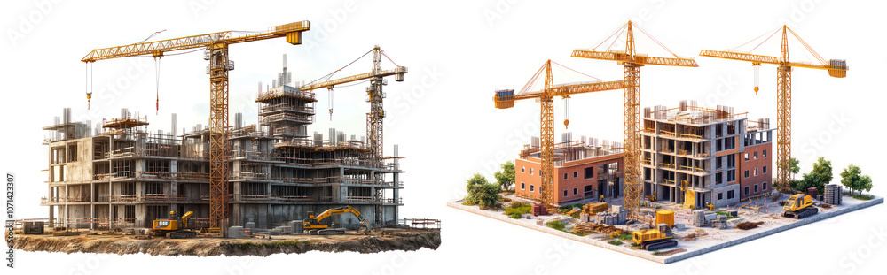 Set of High-Rise Construction Site with Tower Cranes and Heavy Equipment – Modern Building Development, Isolated on Transparent Background Set of High-Rise Construction Site with Tower Cranes and Heavy Equipment – Modern Building Development, Isolated on Transparent Background