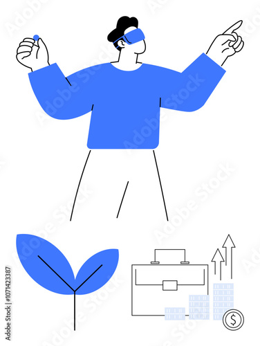 Man engaging in virtual reality with headset, pointing and holding an object. Below, a leaf representing growth, a business case, increasing graph and stack of coins. Ideal for technology