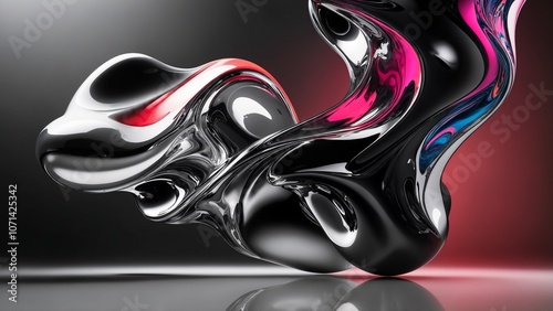 Surreal liquid shapes combining monochrome tones and vivid colors, with reflective surfaces and smooth, flowing forms.