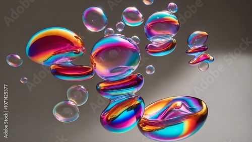 Abstract liquid bubbles in gradient colors, suspended in a dark background, with each bubble containing different vibrant hues.