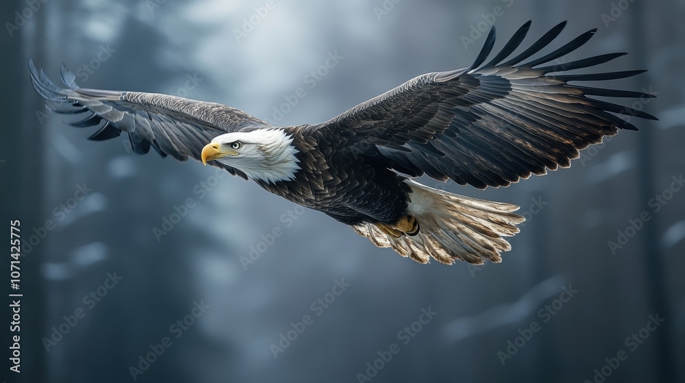 Fototapeta premium Bald Eagle Soaring Over Mountains – Pacific Northwest Wildlife Photography