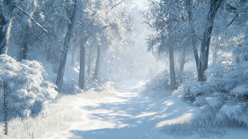 Icy snow-covered forest, creating a tranquil winter scene with frosty trees and snow.