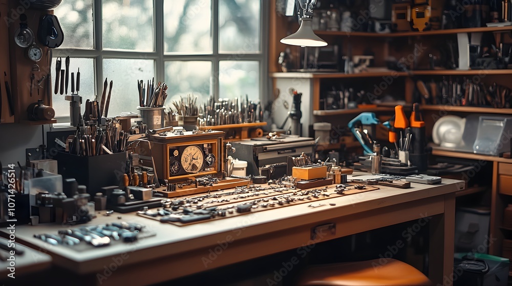 Meticulously Organized Watchmaker s Workbench with an Array of Specialized Tools and Parts in Pristine Close up Shots Meticulously Organized Watchmaker s Workbench with an Array of Specialized Tools and Parts in Pristine Close up Shots