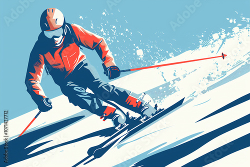 Skier speeding down a snowy mountain slope, carving through fresh powder with dynamic motion.