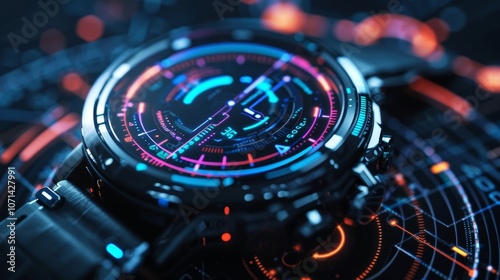 Wallpaper Mural Futuristic smartwatch with glowing display showing data visualizations, hinting at future wearable tech potential Torontodigital.ca