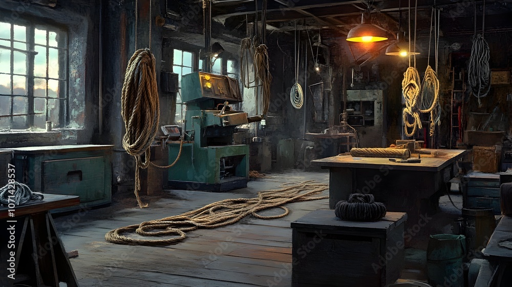 Fototapeta premium Handcrafted Rope Production in Vintage Industrial Workshop with Soft Natural Illumination