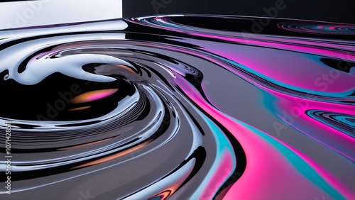 Abstract liquid shapes that start in grayscale on one side and gradually morph into a rainbow of colors, surreal and dreamlike.