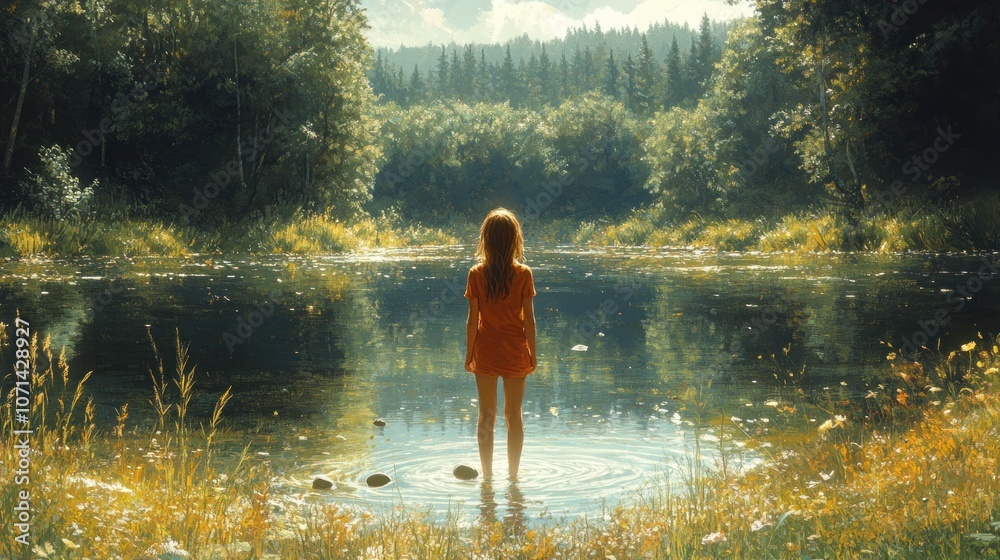 Fototapeta premium A girl stands in a serene river, surrounded by lush nature.