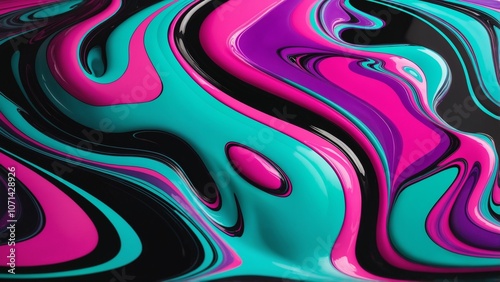  Abstract liquid marbling in neon colors, mixing shades of teal, pink, and purple, glossy and smooth, psychedelic atmosphere.