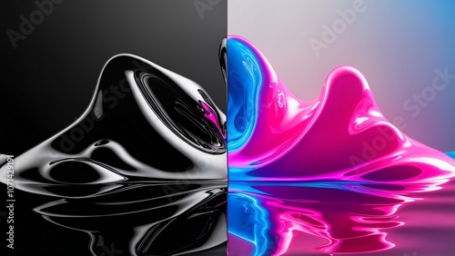 Metallic liquid in silver, gold, and iridescent colors, floating in an abstract pattern, highly reflective, futuristic atmosphere.