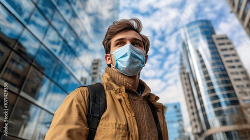 A young man in casual clothes wearing a medical mask stands in front of an office building with the sky and city as a backdrop, conveying safety in the workplace. photo