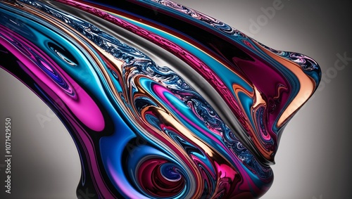 Surreal liquid shapes combining monochrome tones and vivid colors, with reflective surfaces and smooth, flowing forms.