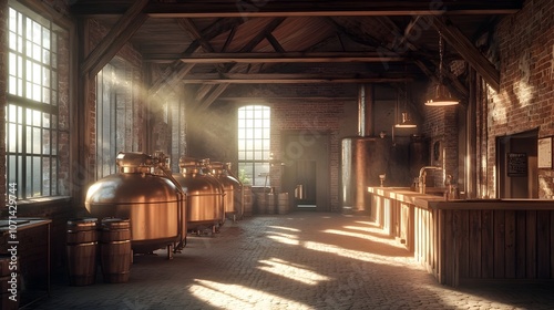 Traditional Beer Brewing Process in Rustic Wooden Fermentation Facility with Muted Soft Lighting