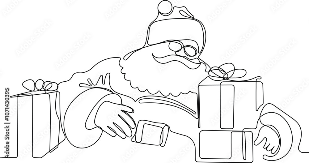 Character With A Sack Full Of Gifts. Vector Hand Drawn Illustration. One continuous line drawing Santa Claus on reindeer and sled. concept for Christmas and New Year Character With A Sack Full Of Gifts. Vector Hand Drawn Illustration. One continuous line drawing Santa Claus on reindeer and sled. concept for Christmas and New Year