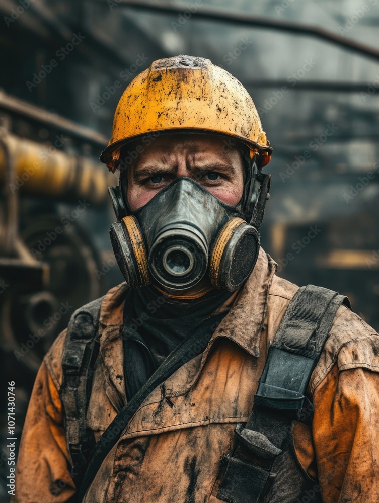 Fototapeta premium Worker with yellow helmet and gas mask