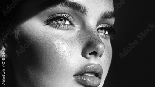 A young woman in black and white with a spotlight from the side Sharp shadows accentuate the beautiful facial features and create a sense of intensity.