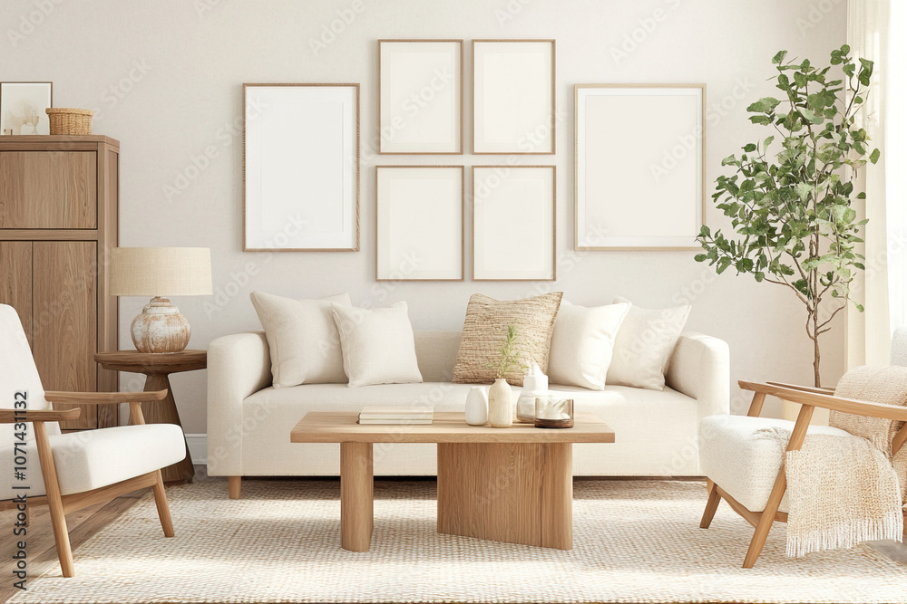 Modern living room with gallery wall with white posters, neutral furniture and stylish coffee table, photo mockup Modern living room with gallery wall with white posters, neutral furniture and stylish coffee table, photo mockup