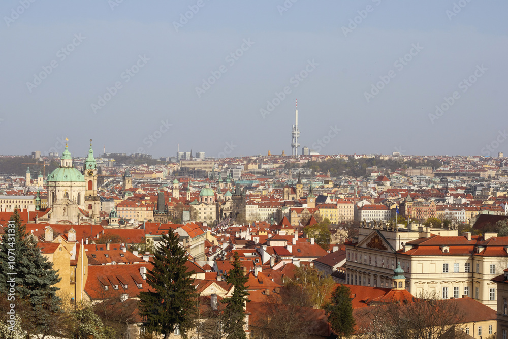 Fototapeta premium view from the hill to the houses of the city center with red tiled roofs