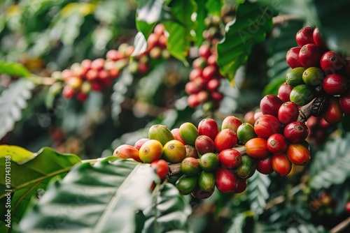 Ripe coffee cherries on lush branch with green leaves photo