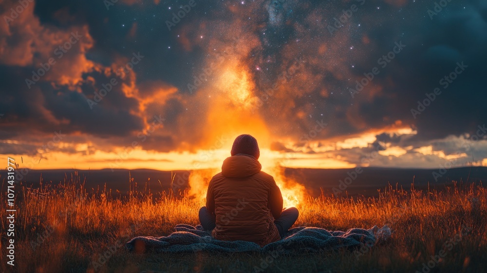 A person sitting by a campfire at sunset, enjoying nature's beauty. A person sitting by a campfire at sunset, enjoying nature's beauty.