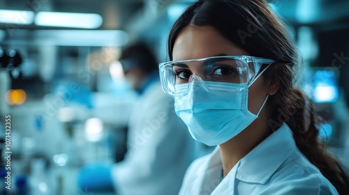 Medical personnel prepare equipment in a laboratory Wearing a mask and a coat for work safety photo