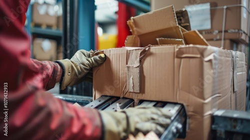 Closeup of a worker operating a baler machine compacting cardboard boxes for more efficient recycling.