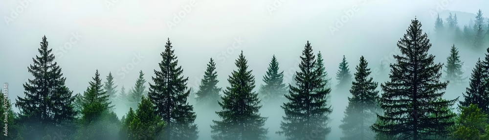 Obraz premium Misty forest at dawn, tall pines cloaked in fog, serene nature background, atmospheric green and blue tones