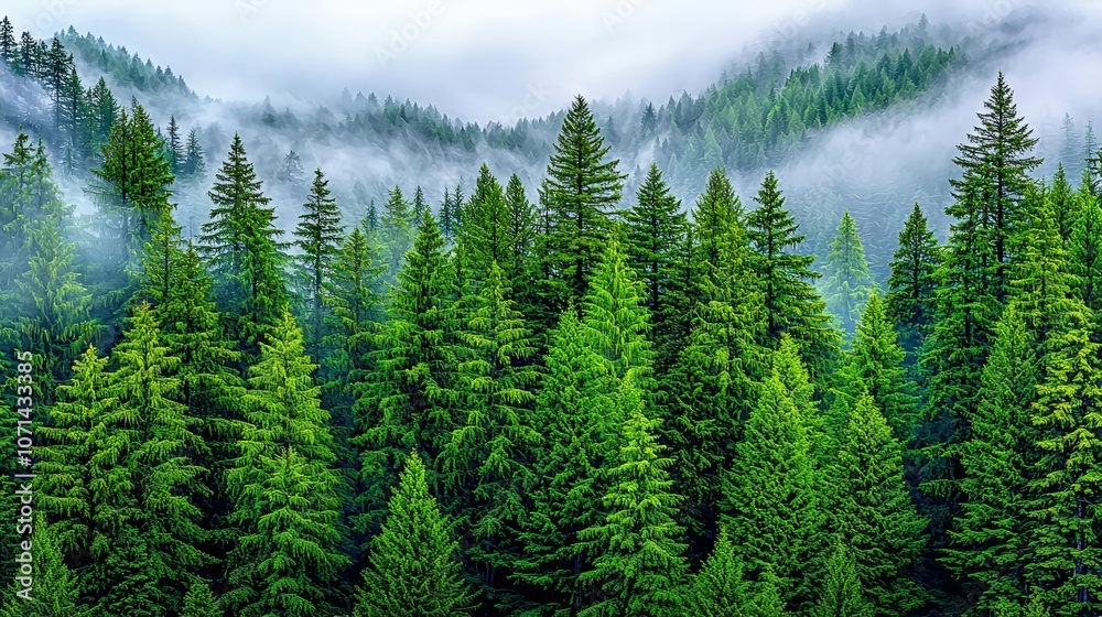 Fototapeta premium Mystical pine forest shrouded in morning mist, ethereal landscape with fog, soft green hues, tranquil nature setting
