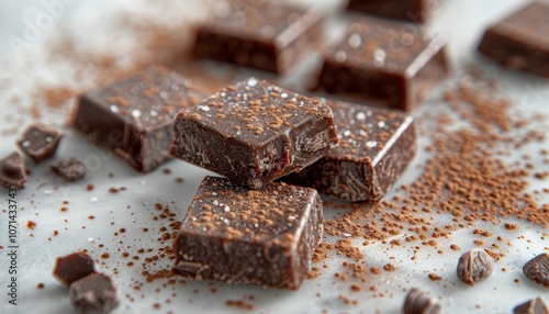 Close-up of dark chocolate squares with sea salt and cocoa powder on a white surface.