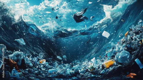 Ocean covered in plastic and garbage, representing the environmental disaster affecting marine life and biodiversity photo