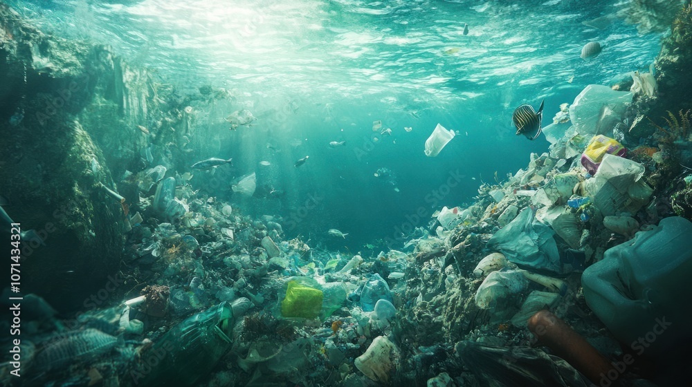 Fototapeta premium Ocean filled with plastic and debris, capturing the destructive environmental impact of pollution on marine ecosystems
