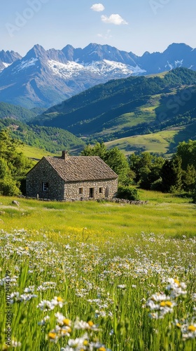 A serene summer day in Aragn Valley with a stone farmhouse set against the majestic Pyrenees mountains and vibrant wildflower meadows photo