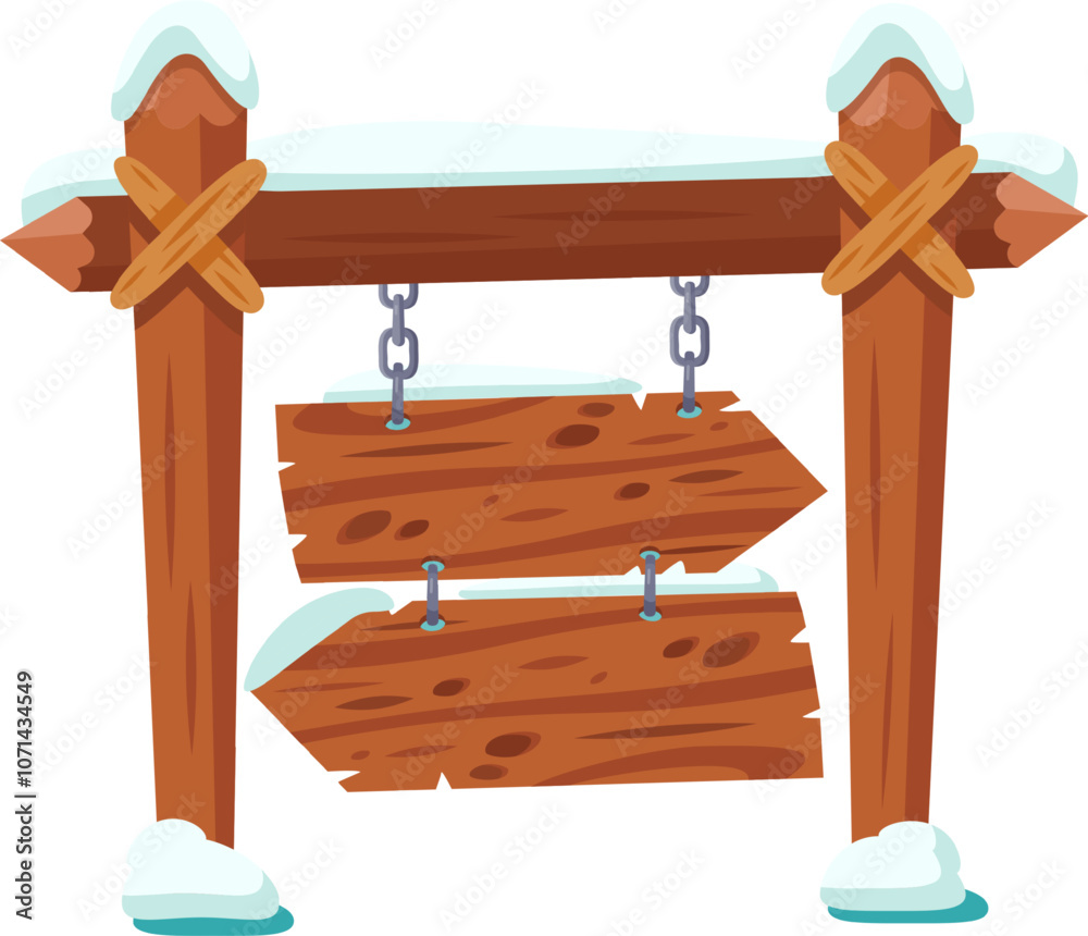 Fototapeta premium Snow covered wooden signpost with two hanging direction signs pointing in opposite directions, creating a rustic winter scene