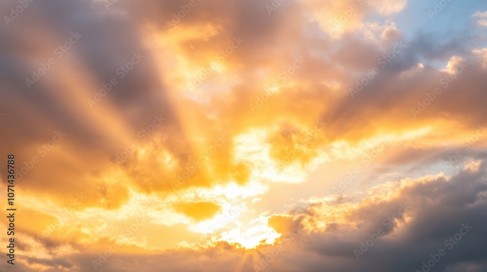 Fototapeta premium Sunlight streams through clouds during sunset, creating a stunning display of colors and rays that resemble golden gates in the sky