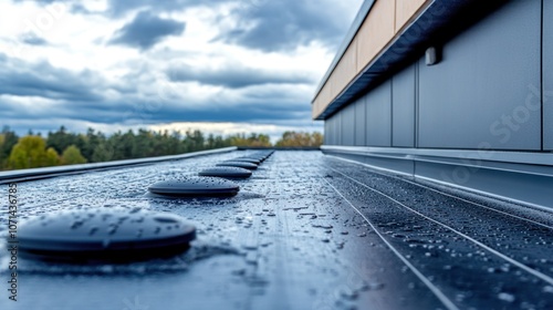 Polymer drainage system on building roof, engineered for efficient rainwater management with durable design. photo