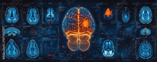 Dark blue monographic display background with various brain scans and medical icons, accented with orange, representing the future of medical diagnostics and neural imaging photo