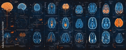 Dark blue monographic display background with various brain scans and medical icons, accented with orange, representing the future of medical diagnostics and neural imaging photo