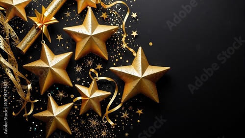 New Years Eve corner border banner of glittery gold stars streamers decorations and noisemakers.