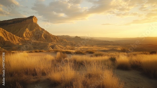 Golden sunset over the unique desert landscapes of Bardenas Reales reveals dramatic rock formations and serene beauty