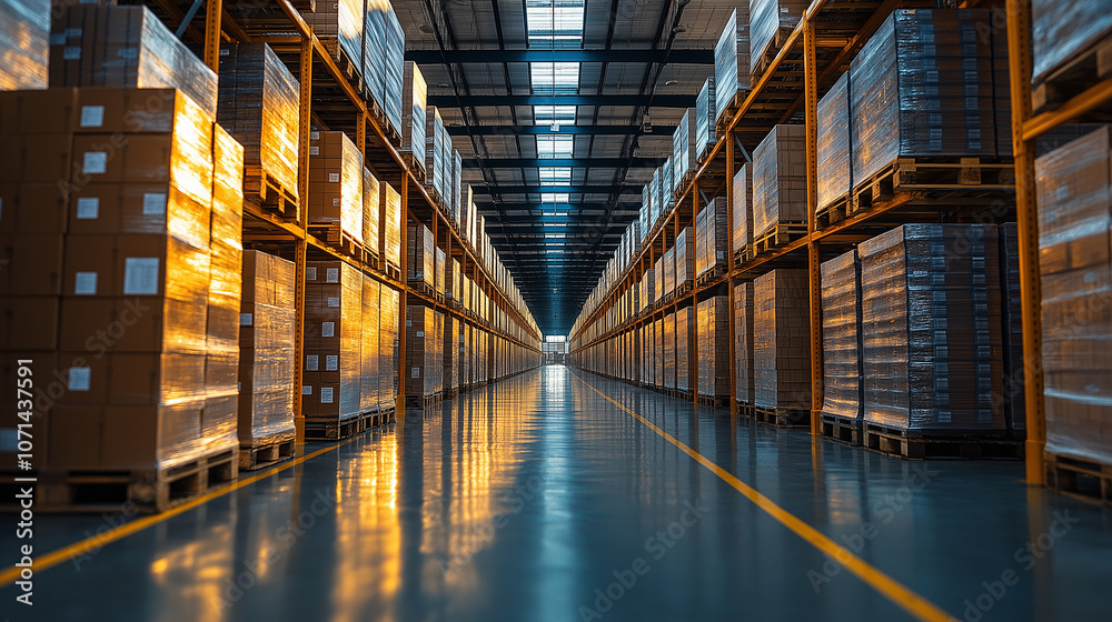 Industrial Warehouse Aisle with Shelves of Boxes Industrial Warehouse Aisle with Shelves of Boxes