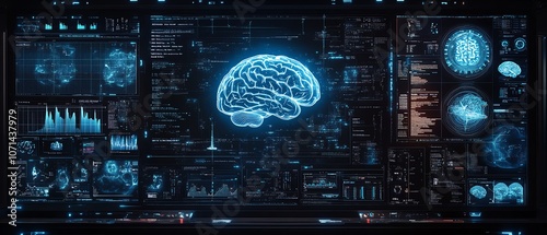 Hightech medical display with multiple bluecolored brain scan images and overlaid data, representing the forefront of mental health care and neuroscience technology photo
