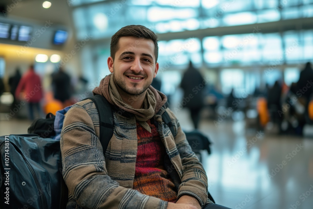 A handsome confident man traveller in casual clothes sits at a waiting seat in the airport