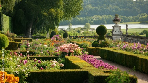 Explore the tranquil gardens of Château de Villandry, featuring vibrant flower beds and views of the Loire River in Pays de la Loire