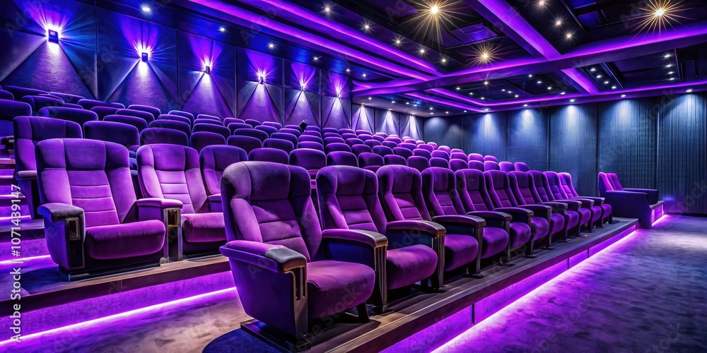 Fototapeta premium Purple Chairs in Dark Movie Theater with Electric Blue Accents - Night Photography Inspiration