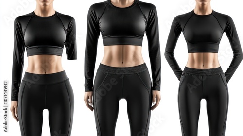 A black full-body workout outfit for women. The fabric is stretchy and breathable, perfect for heavy workouts. White background photo